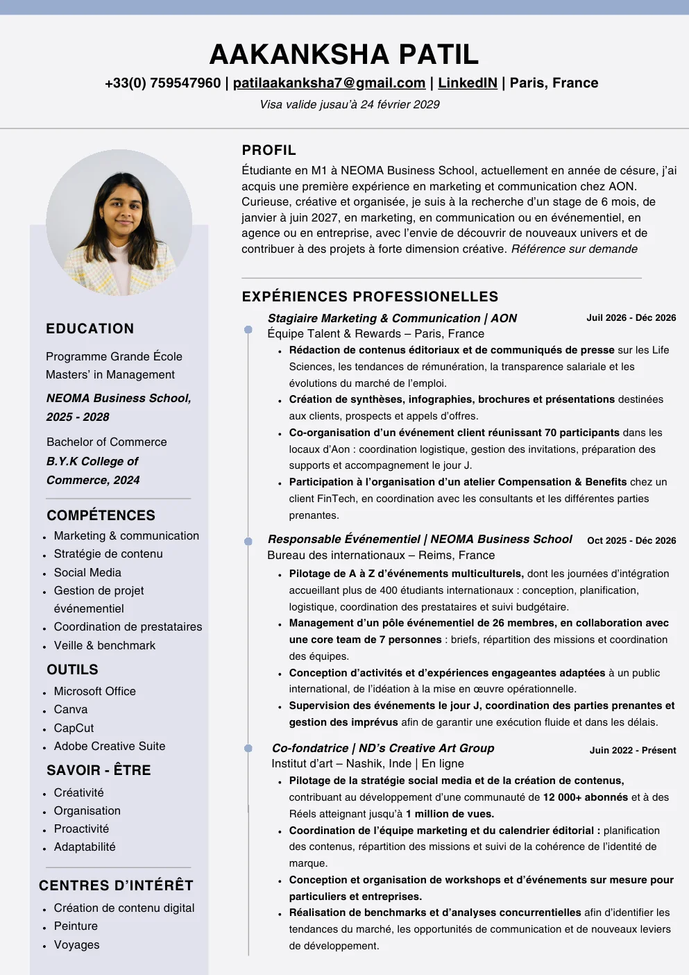 Aakanksha Patil’s resume, with profile, education, skills and professional experience